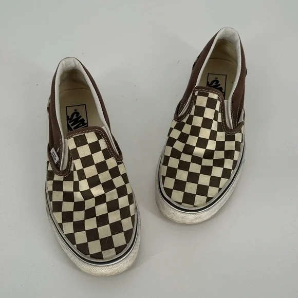 Vans Checkerboard White & Brown Slip-On Shoes Canvas Classic Skate Womens 6.5 - Picture 2 of 8